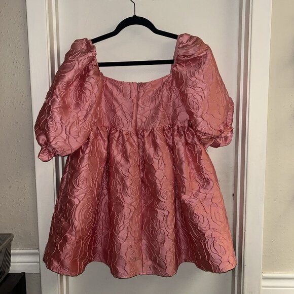 Akira Vivenne Puff Sleeve Pink Floral Rose Embroidered Mini Babydoll Dress Small - Picture 7 of 11